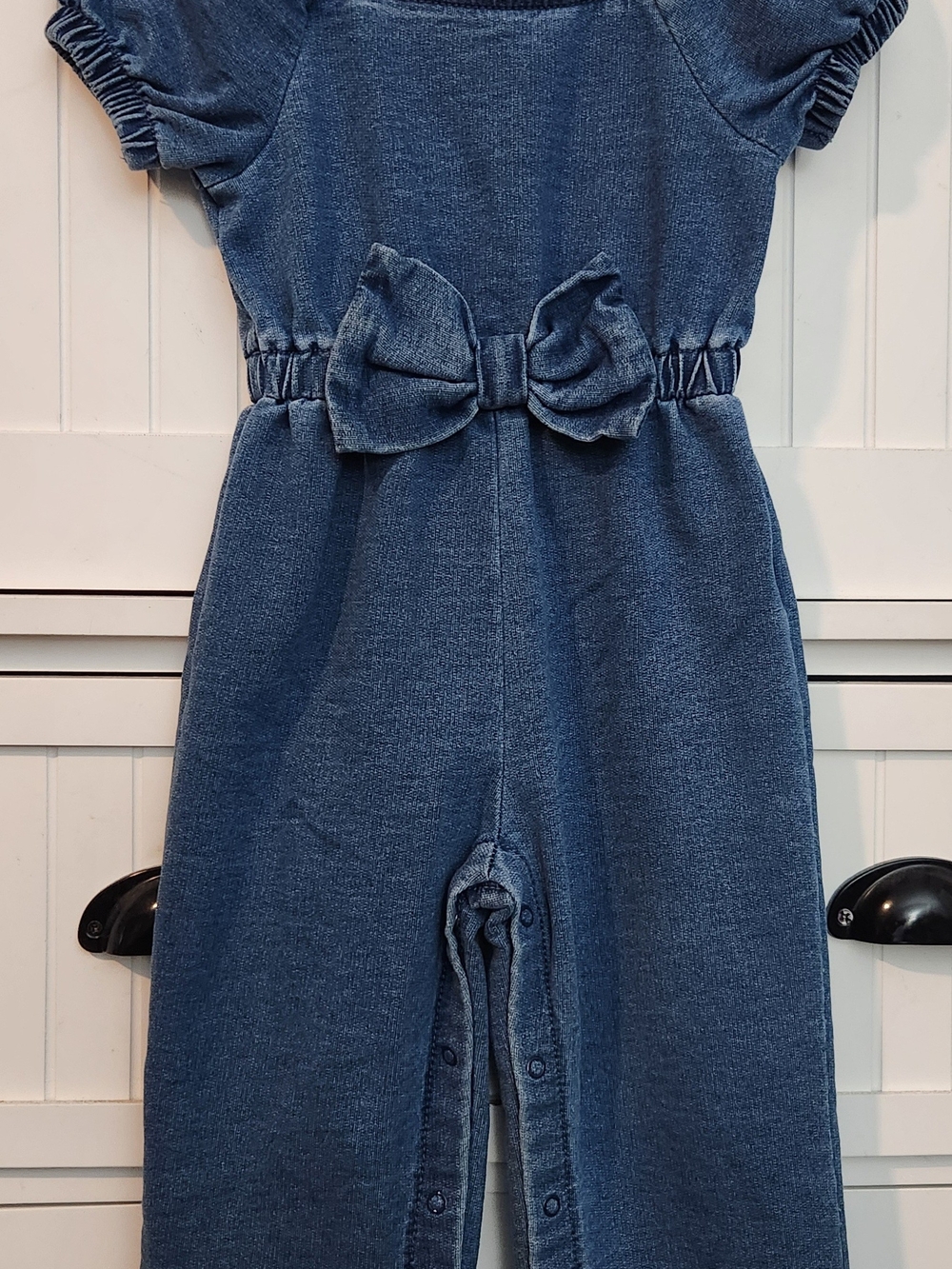 Habitual Denim-Style Blue Bow Romper for Girls